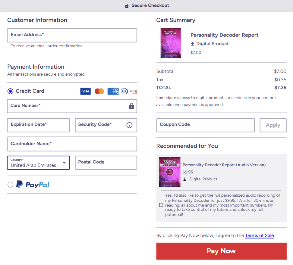 Numerologist checkout page 